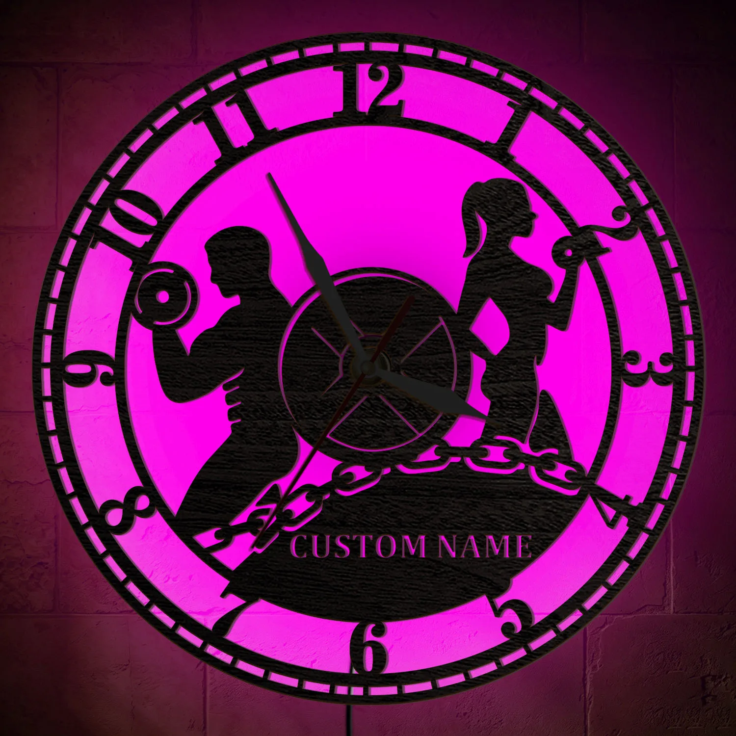 Custom Name Fitness Couple Silhouette Wooden Wall Clock for Home Gym Fitness Workout Room RGB Multi Color Night Light Wall Clock