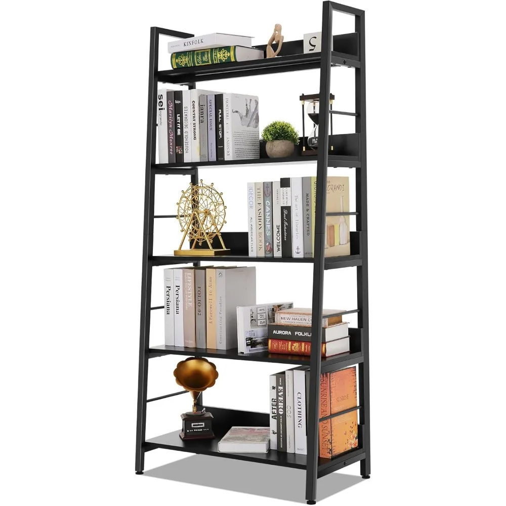 

Himimi Black Ladder Bookshelf, 5 Shelf Bookcase Industrial Bookshelf Wood and Metal Bookshelves, Plant Flower Stand Rack Book St