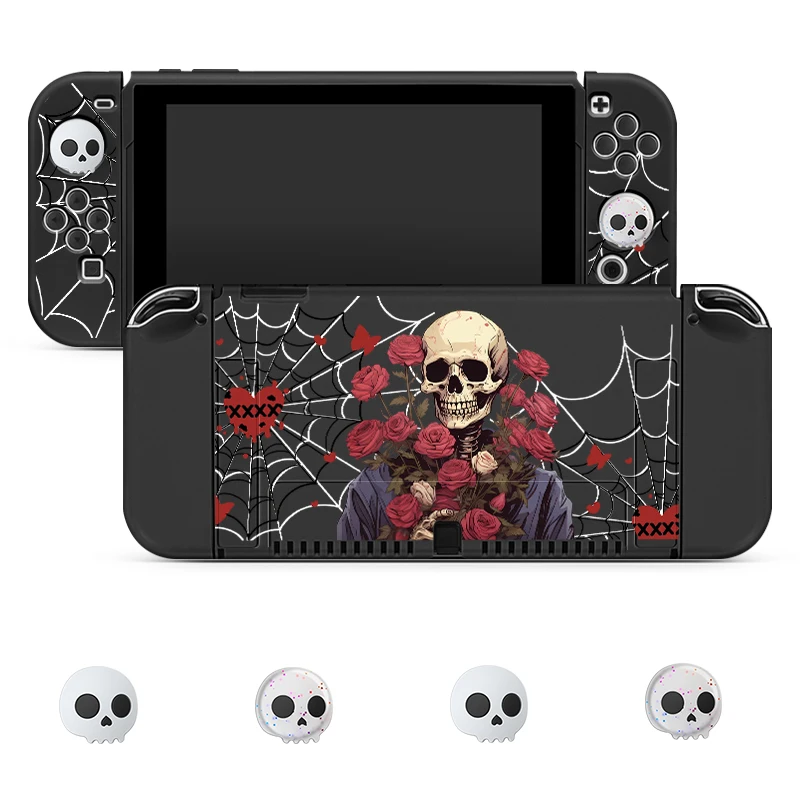 Skull Rose Switch Protective Case Bundle with 4pcs Grip Caps For Nintendo Switch OLED，for Switch NS Cover，Switch Game Accessory