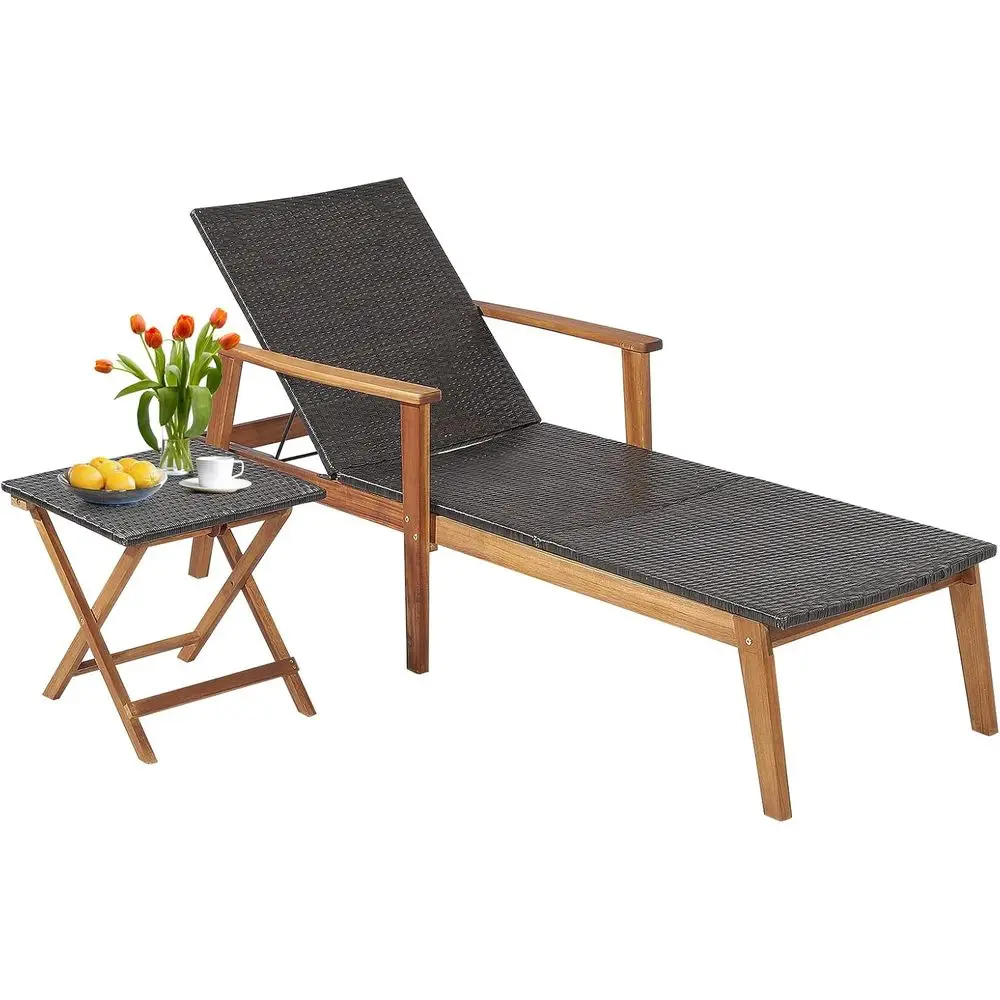 2-Piece Outdoor Rattan Chaise Lounge Set with Wooden Back and Adjustable Reclining W/ Folding Table