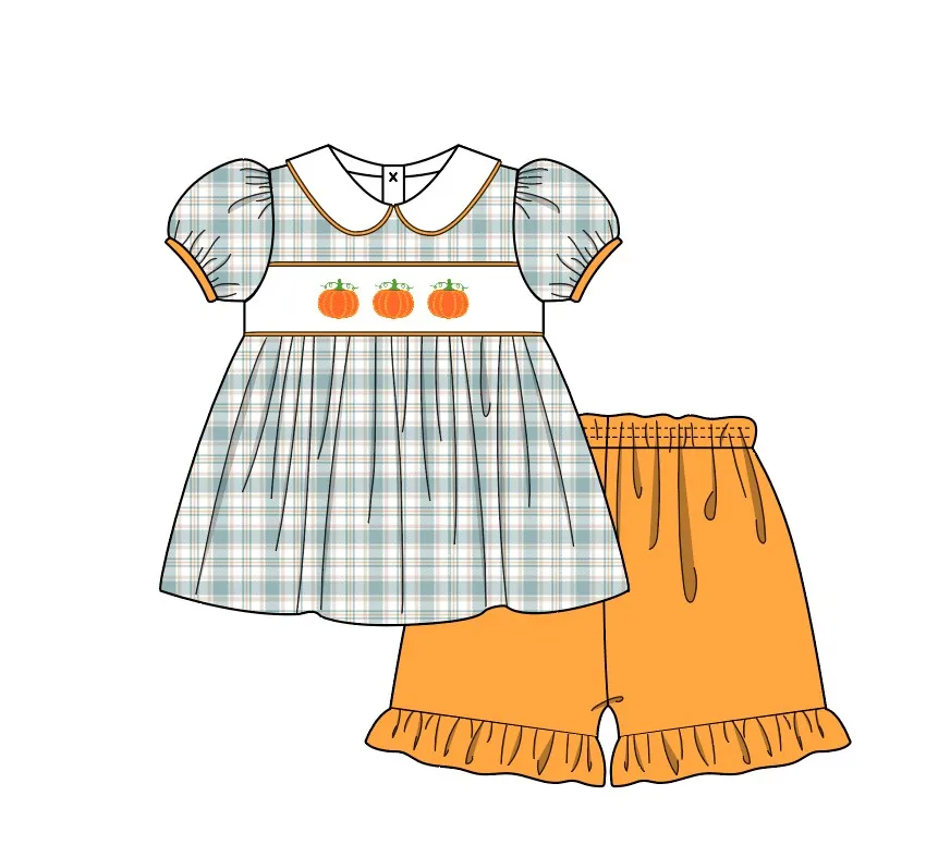 New Ropa Summer Short Sleeve Round Neck Dress Halloween Pumpkin Pattern Girl Top T-shit And Orange Shorts Romper Boy Clothes