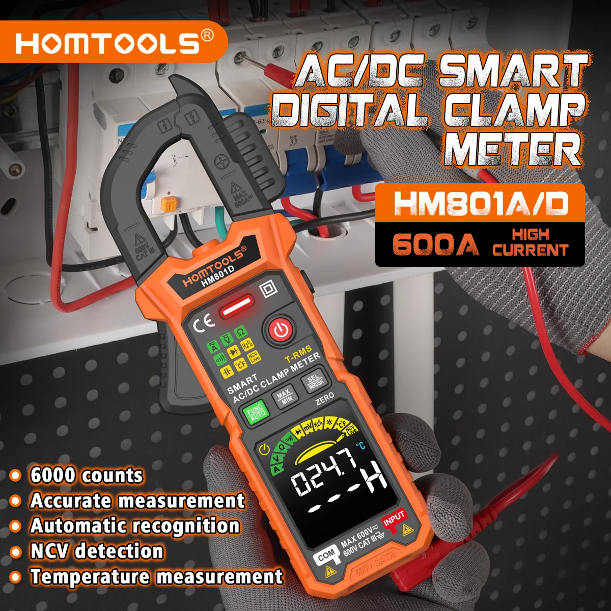 HOMTOOLS HM801 Clamp Meter 600A True RMS 6000 Counts Measures Current Voltage Temperature Capacitance Ohm inrush current Tester