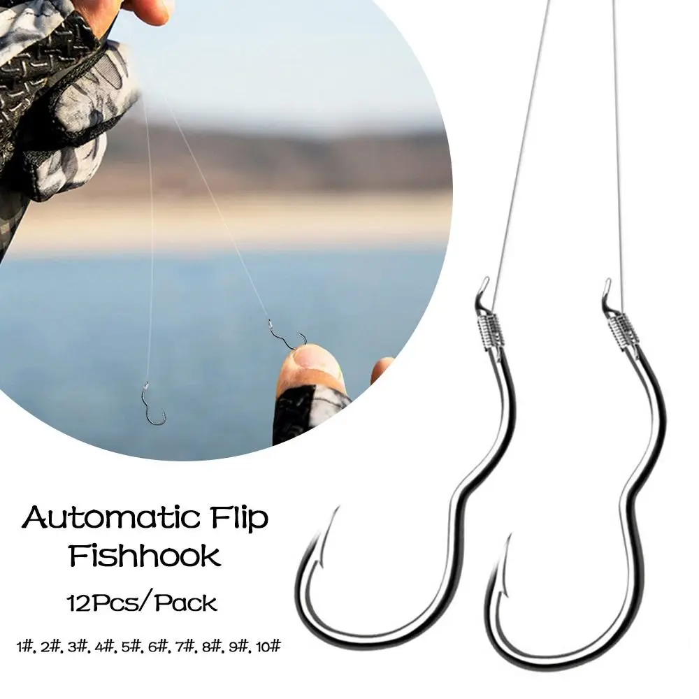12Pcs/Pack High Carbon Steel Fishing Hook Sharp Barbed Automatic Flip Fishhook for Carp Fishing Accessories