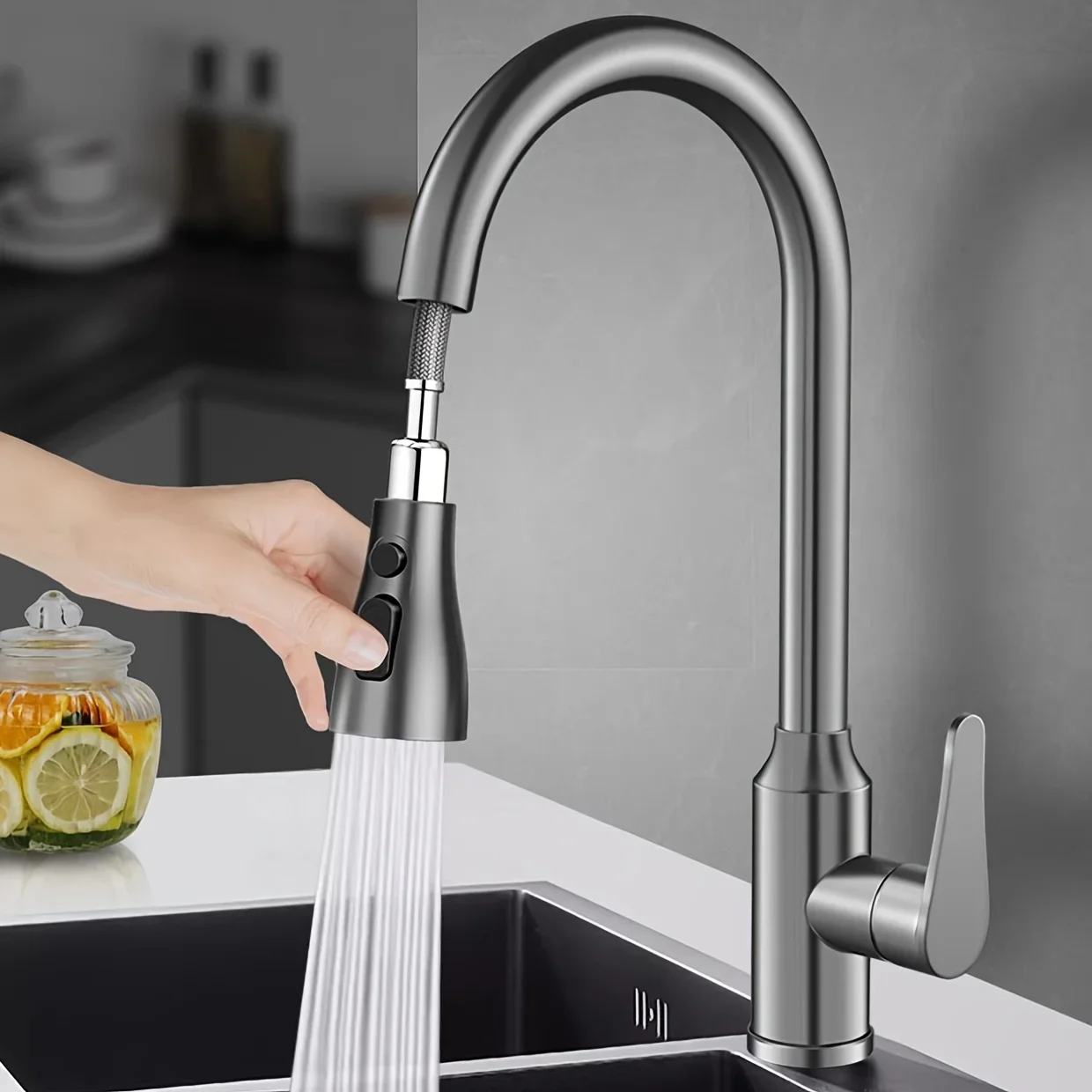 

360° Swivel, Dual Modes, Water-Saving 1PC Stainless Steel Kitchen Faucet with Pull-Down Spray, Home Bar Farmhouse Camper