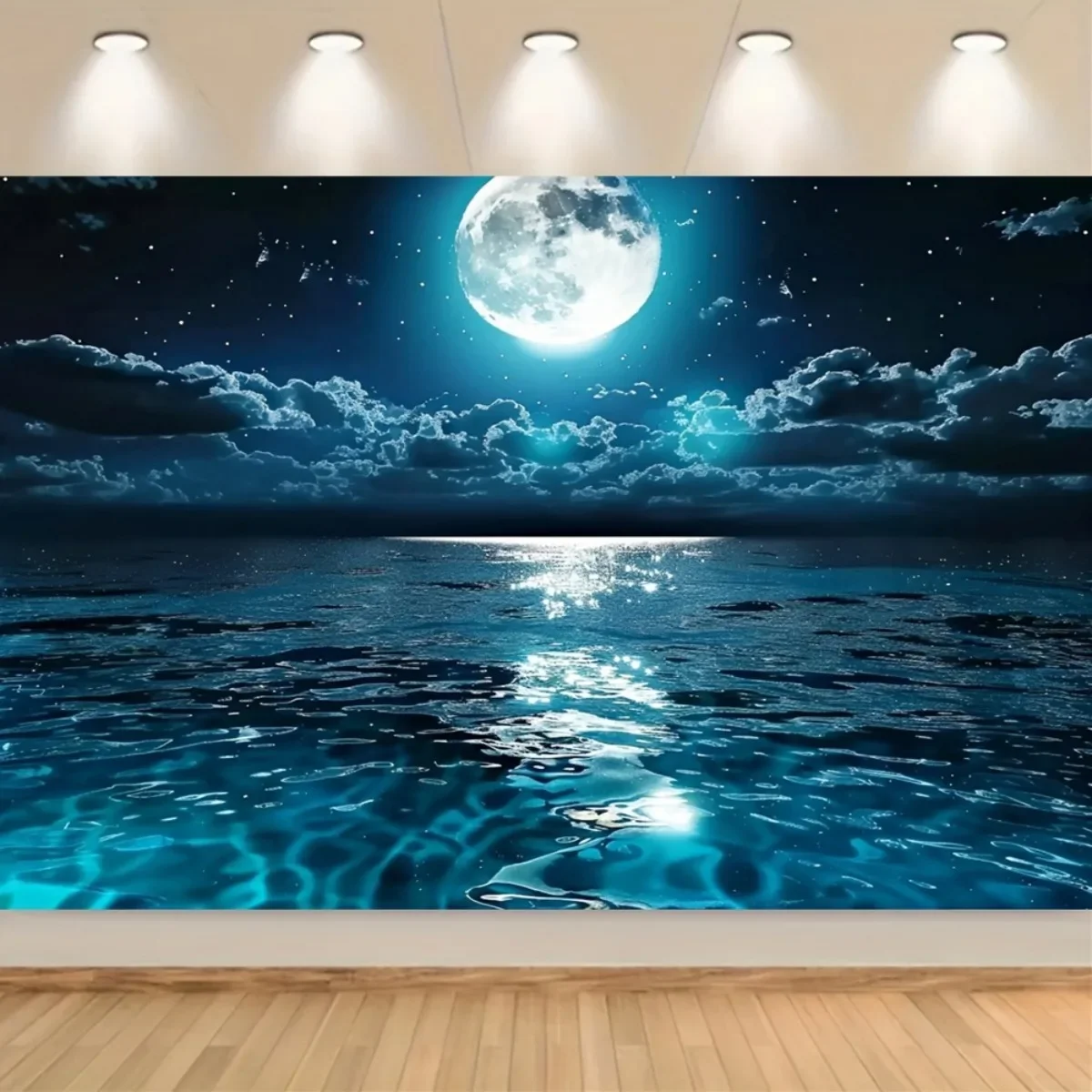 Full Moon Night Sky Ocean Sea Waves Tapestry 2D Flat Blue Moonlight Wall Hanging for Bedroom Living Room Home Decor FabricPoster