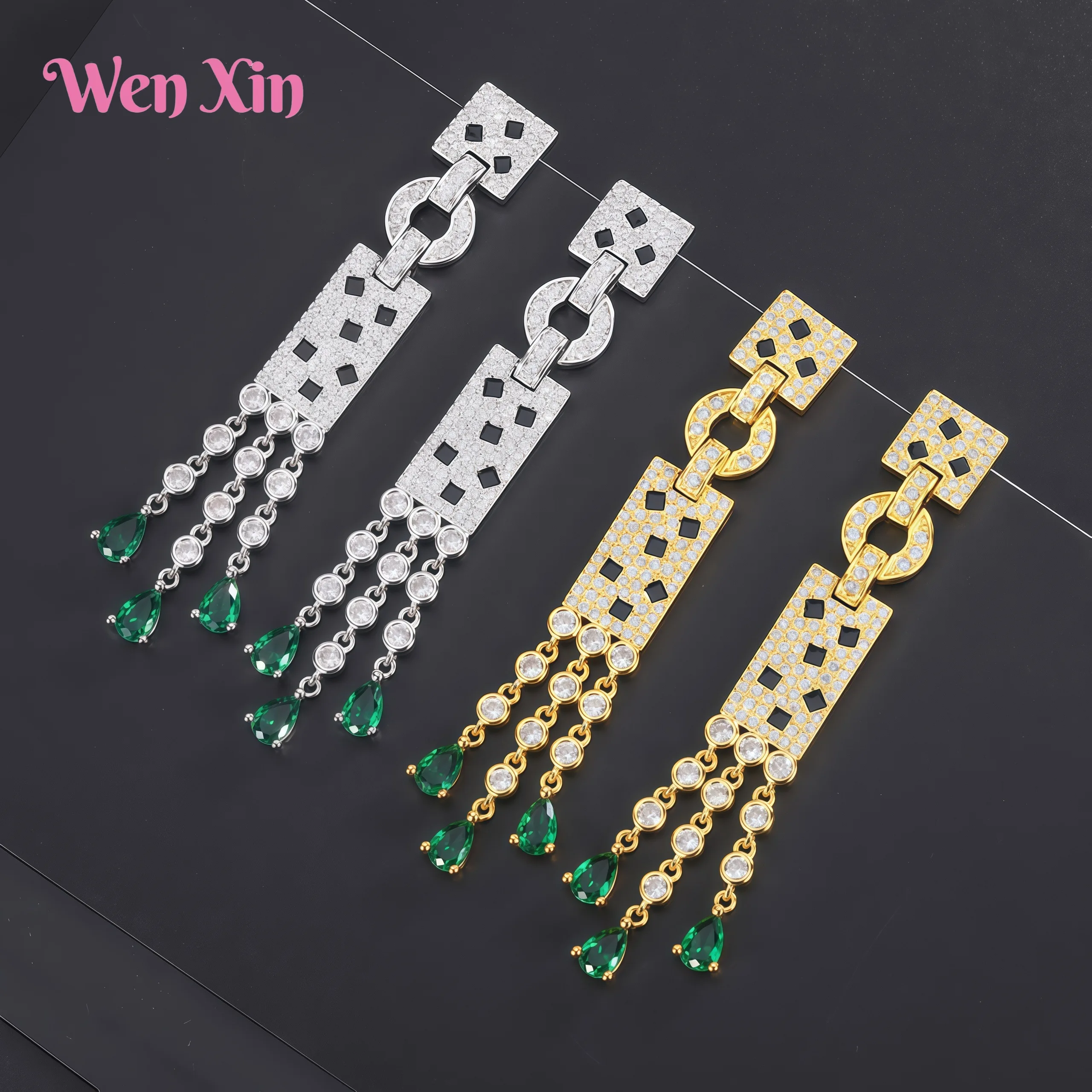 

WENXIN Top Quality Luxury Brand Jewelry Hot Selling New Tassel Earrings Silver Gold-Plated Earrings Tassel Green Diamond Earring