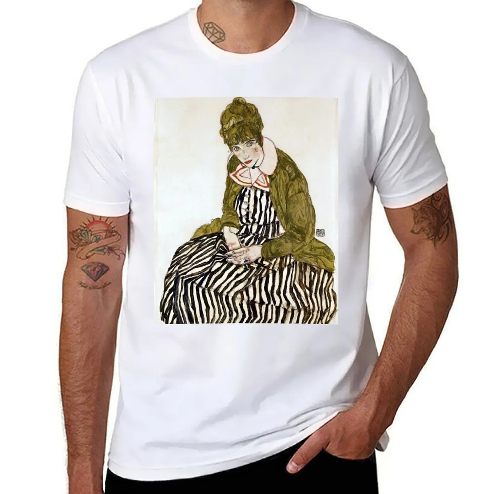 

Egon Schiele Edith with Striped Dress, Sitting T-Shirt man t shirts for men casual t shirt personalised T-Shirt