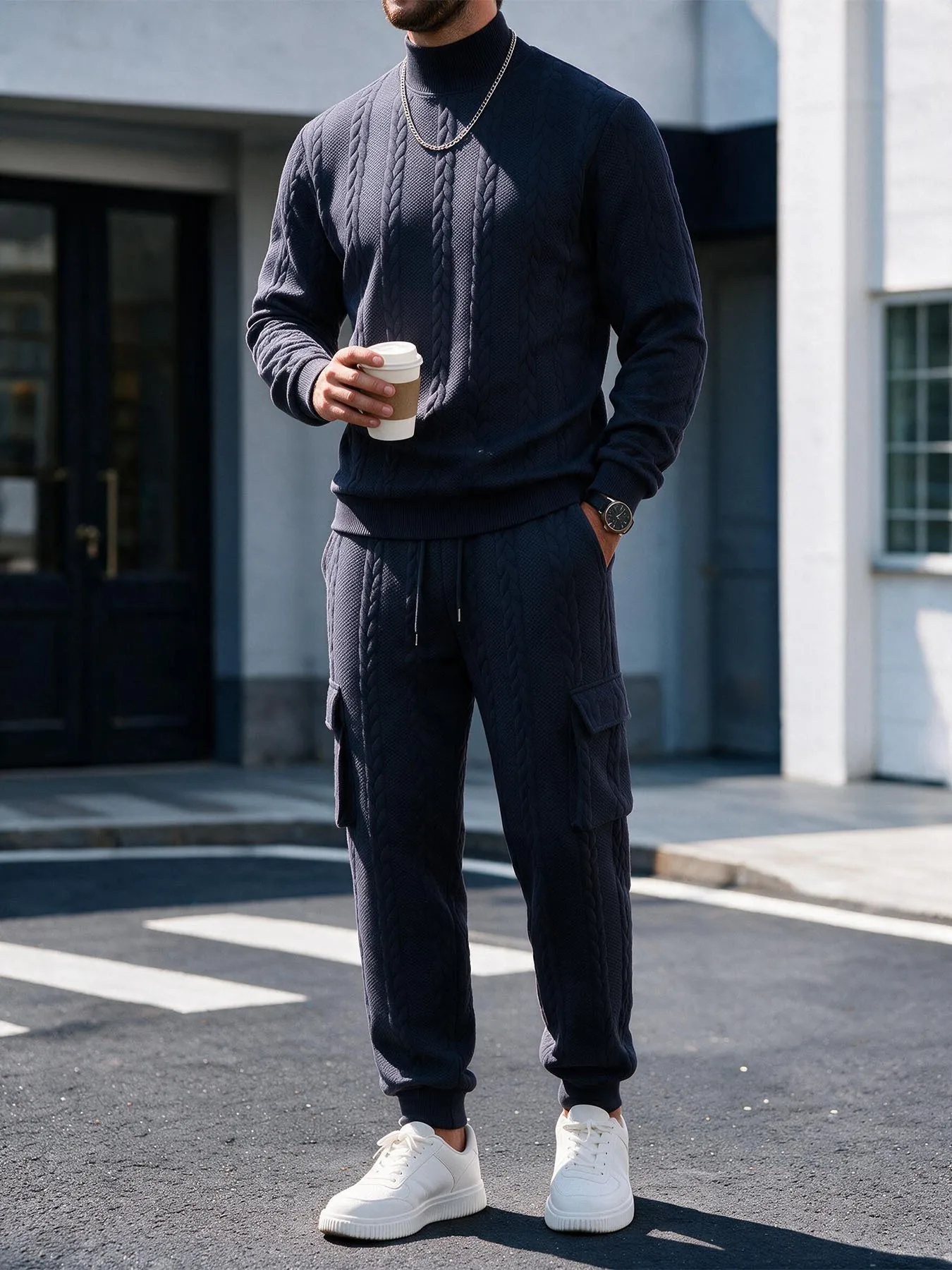 Men Solid Color Heavy Duty Simple Basic Casual Daily Loose 2 Pieces Sets Winter New Fashion Male Pullover Trousers Top Clothes - view 6