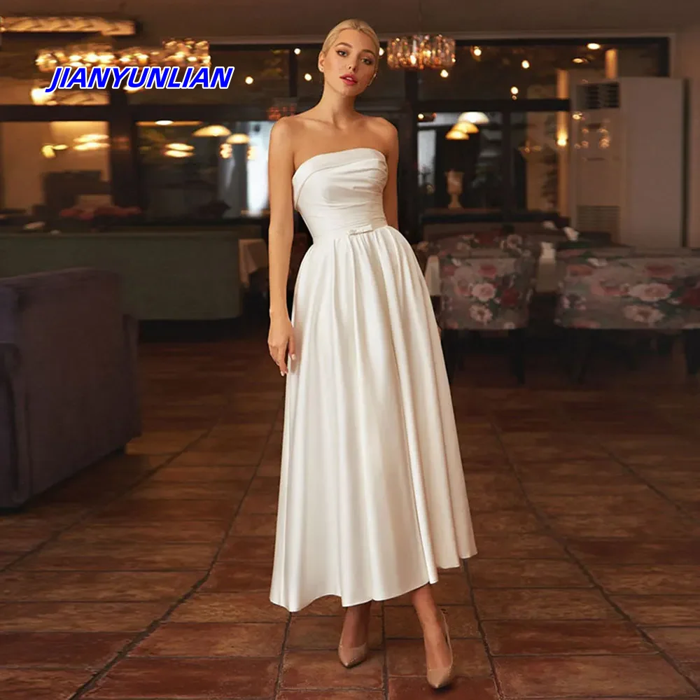 

Винтажные атласные свадебные платья по индивидуальному заказу с карманами, простое платье невесты без бретелек до щиколотки, Vestidos Novia Robr De Mariee