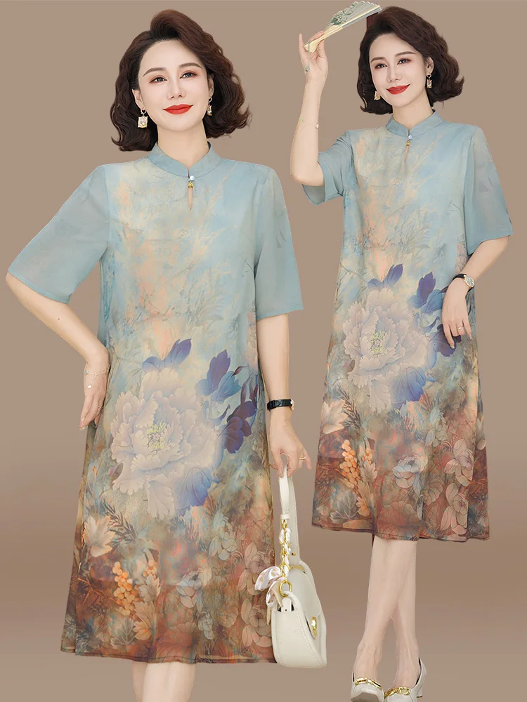 

Новая китайская летняя модная длинная юбка свободного кроя из шифона с цветочным принтом для женщин среднего и старшего возраста