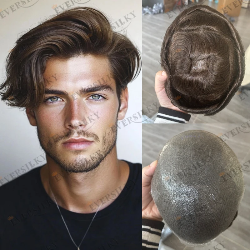 

Супертонкая плотность 100 # 4 средние коричневые длинные 6 дюймов человеческие волосы мужские парики необнаружимые микро тонкая кожа основа 0,02 мм-0,04 мм мужской парик