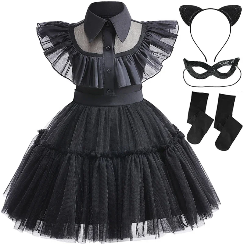 Girls Princess Dress Children Addams Party Layered Disguise Kid Cosplay Mardi Gras Fantasy Wednesday Carnival Costumes 1-6 Years