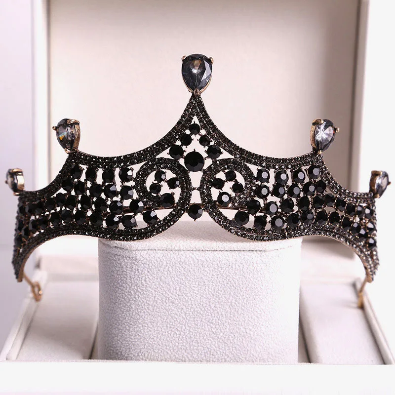 Baroque Black Crystal Big Round Bridal Tiaras Crowns Pageant Prom Diadem Rhinestone Veil Tiara Headband Wedding Hair Accessories