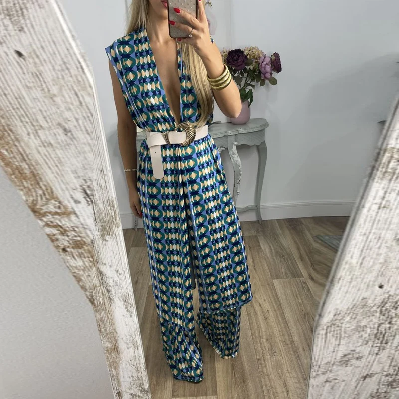 

Fashion Turquoise Geometry Print Long Cardigan Women Sets Casual Sleeveless Tops Pants Two Piece Suit Elegant Offic Lady Outfit