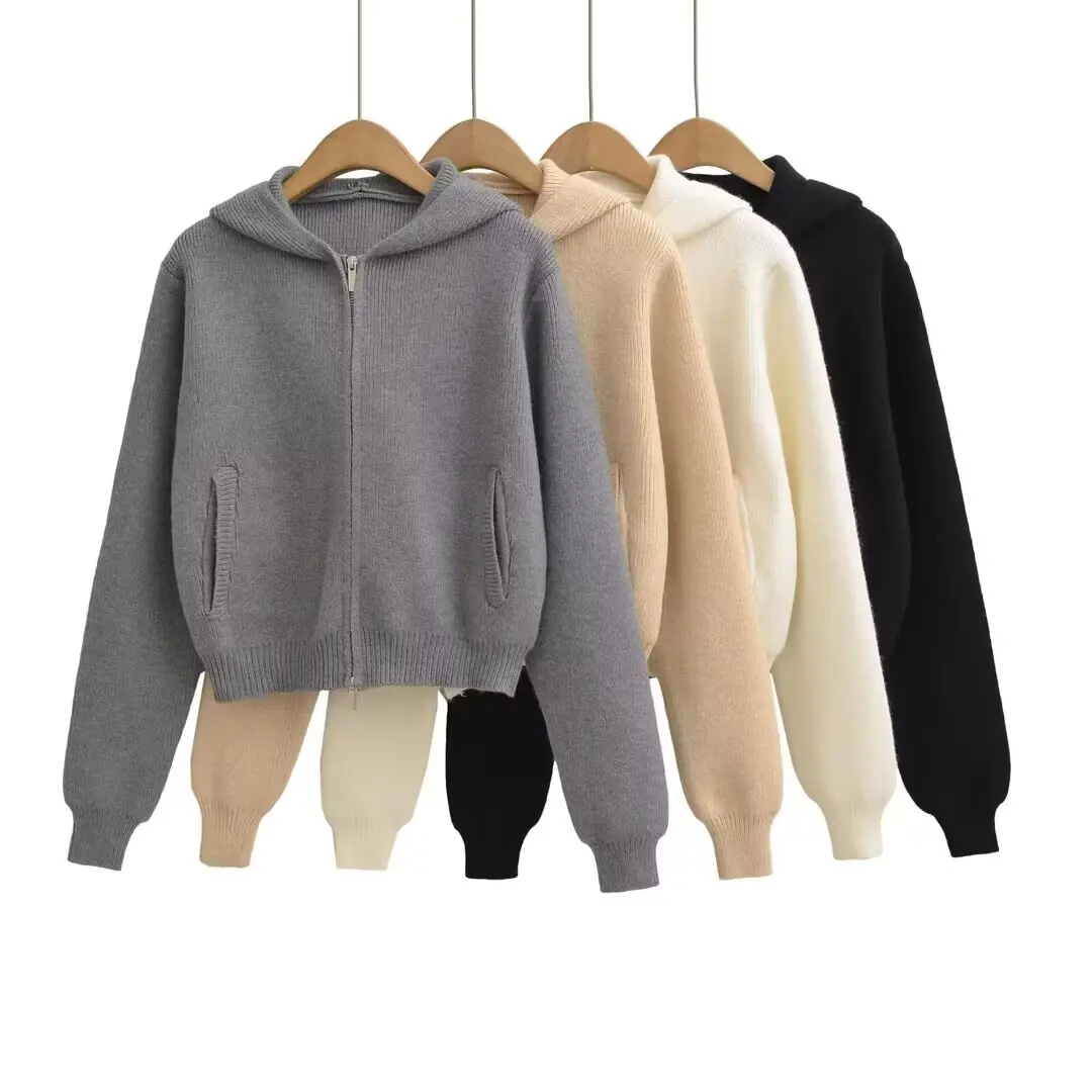 

Laid-ba Feel Zipper Open Cardigan Ele Anti-aging Loose Slimming Sweet Match Pure Color Hoodie Sweater Autumn Women's Fa...