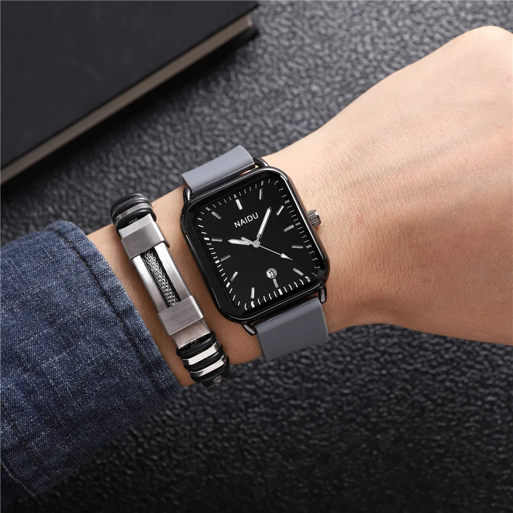 2pcs/set rectangle dial calendar quartz silicone band men watch