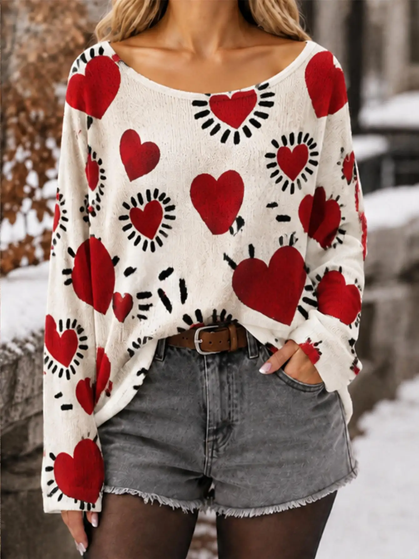 Plus Size Women Heart Print Off‑Shoulder Halter Neck Sweater, Oversized Knit Soft Chic Pullover for Valentine's Day Fall Winter