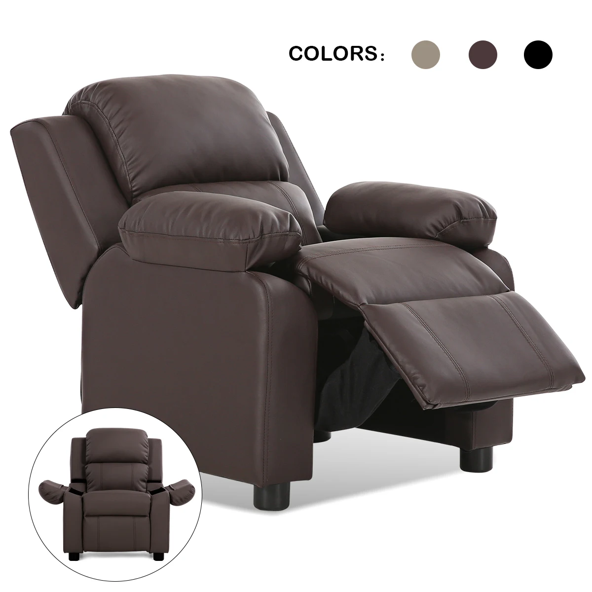 

Deluxe Padded Kids Sofa Armchair Recliner Headrest Children w/ Storage Arm Brown