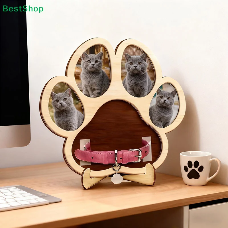 〔R〕Paw-Shaped Pet Photo Frame - Wooden Multi-Photo Display with Collar Holder for Cat/Dog Lovers