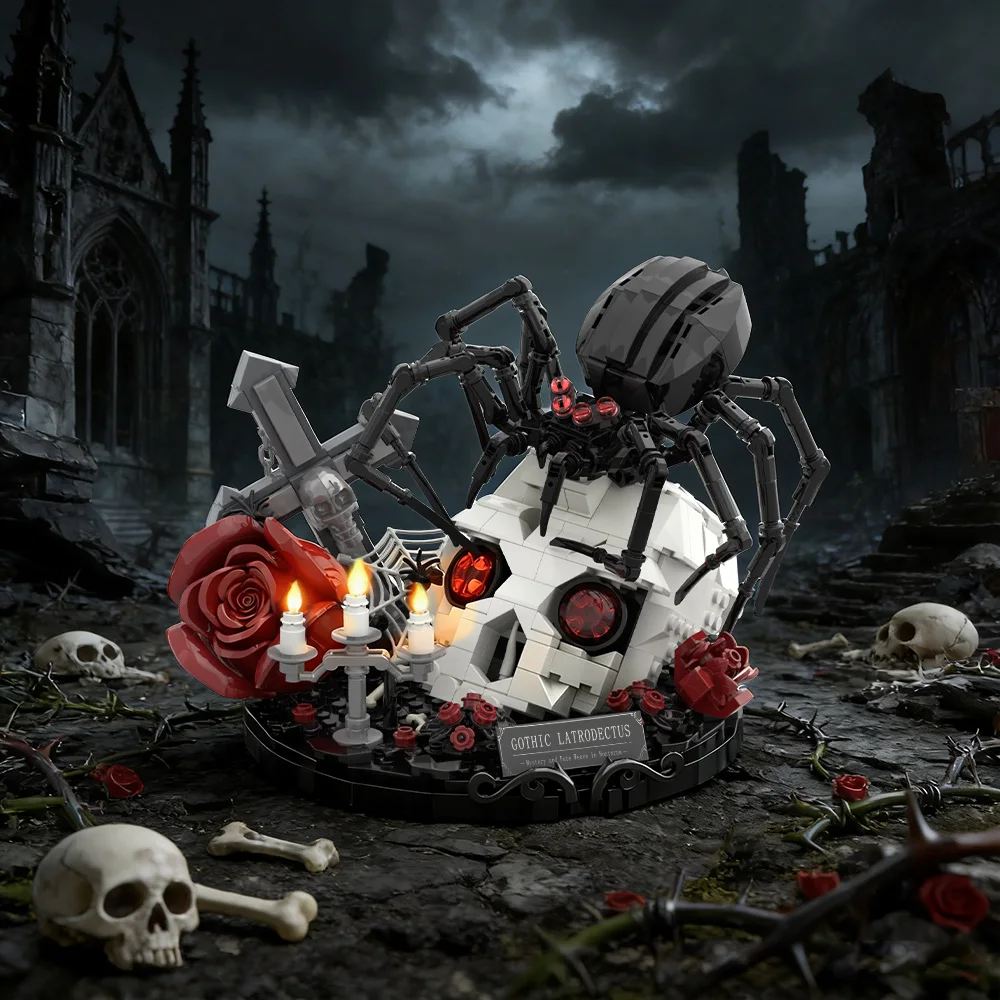 MOC Gotische Blumen-Spinne Bausteine Dunkle Fantasy-Spinne mit Rose Künstlerische Deko-Bausteine Spielzeug Geschenk für Erwachsene