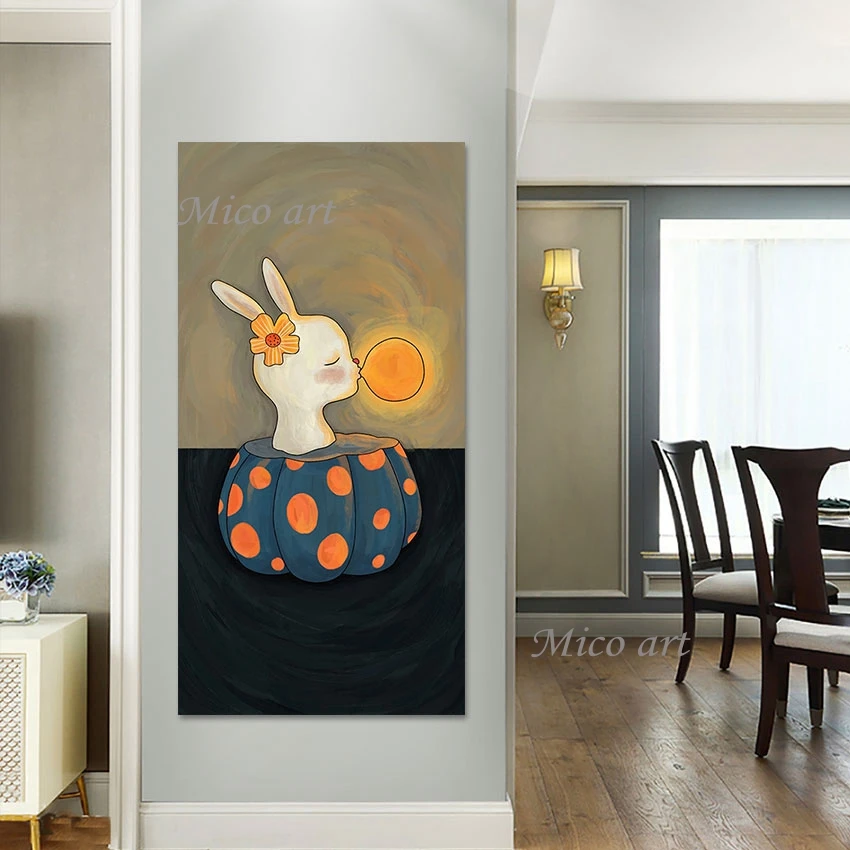 Modern Canvas Art Wall Poster 3d Abstract Oil Paintings Of Rabbits Mooncake Cartoon Pictures Unframed Home Decoration Pieces