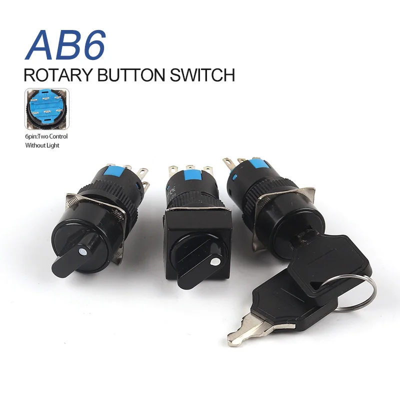 1PCS AB6/AL6/AS6 Knob Rotary Switch 16mm 6-Pin 3-Position Small Square Round Button Switch With Key Start Power Switch