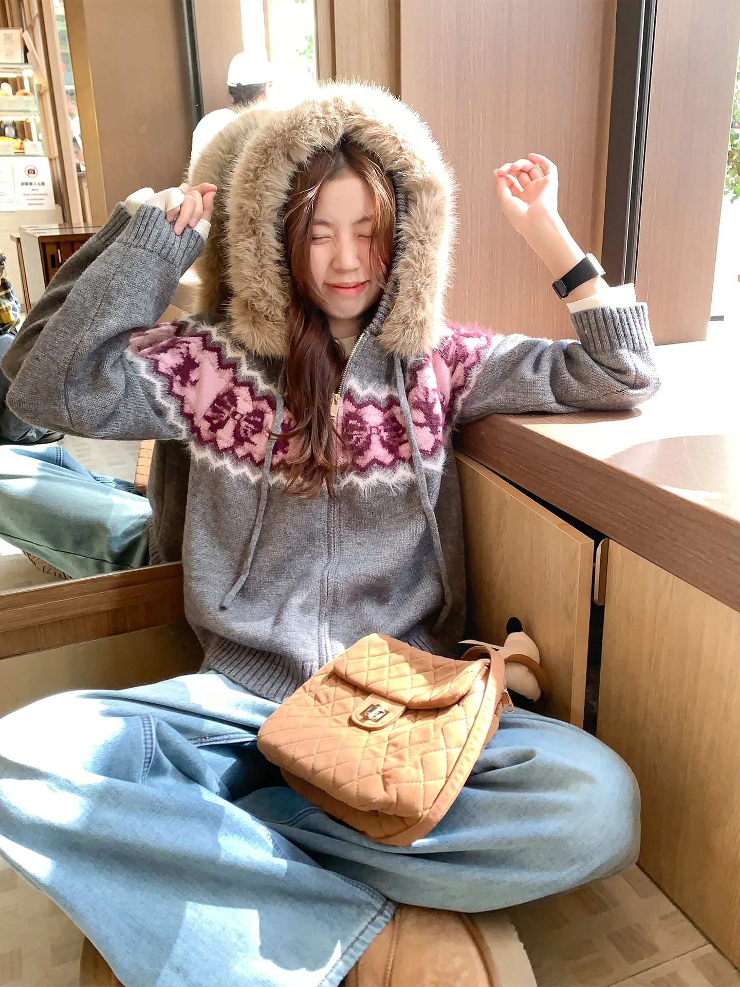 

Вязаный кардиган Zeng Xiao с воротником из меха Fair Isle, на молнии, в корейском стиле, для женщин, осень-зима, свободный крой