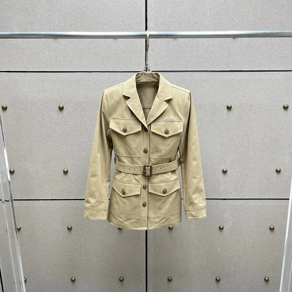 Women's Waist-Defining Slim-Fit Jacket, Pocket-Detailed, Elegant Commuter Trench Coat, 100% Cotton, Winter, New , Y2K, 2025
