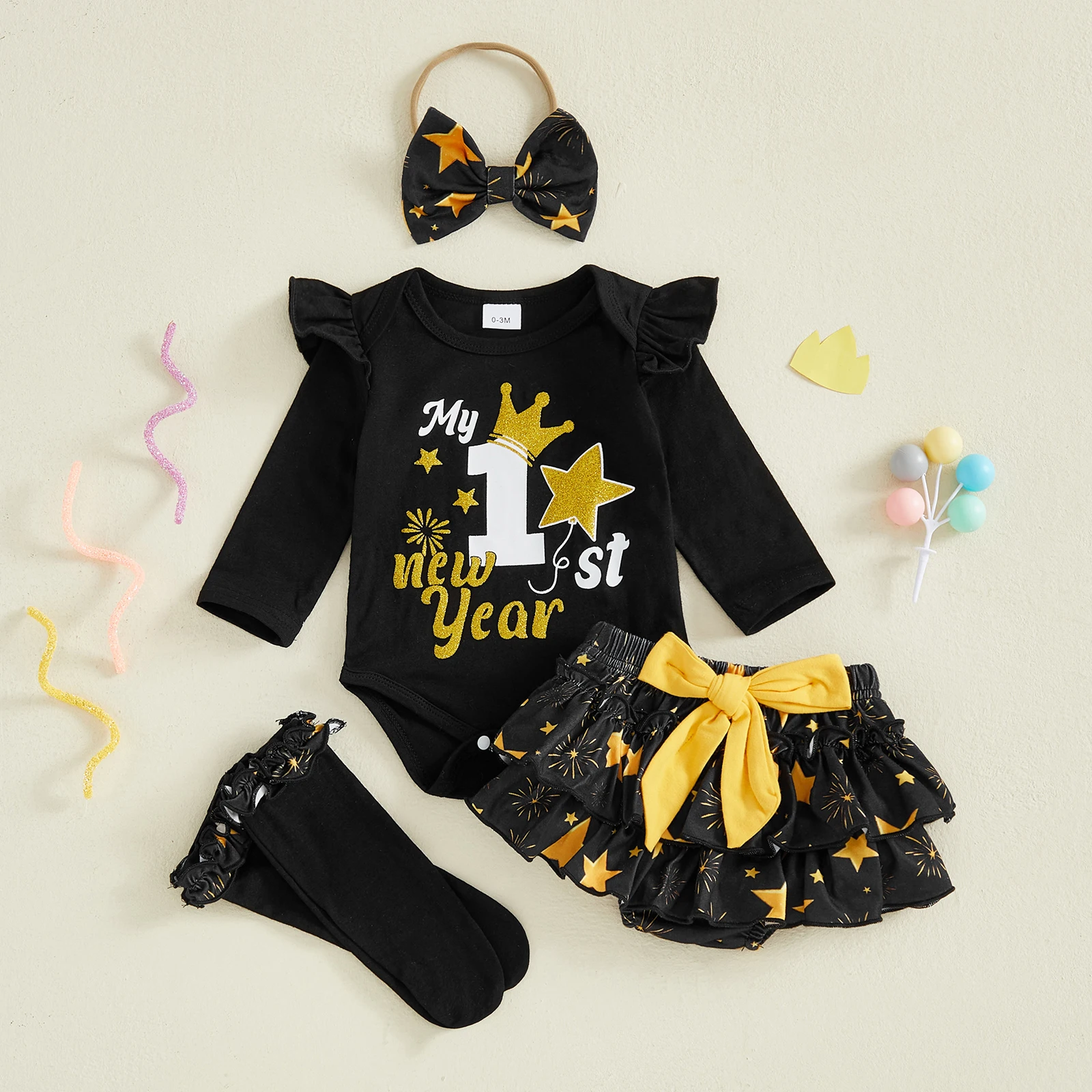 Baby Girl my first new year Outfit Letter Print Long Sleeve Romper Bow Layered Ruffled Skort Stockings Bow Headband 4 Pcs Set