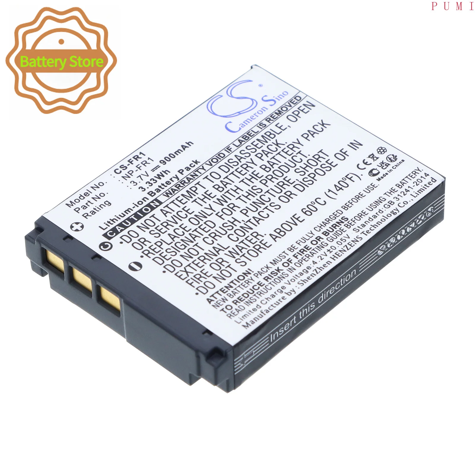CS Replacement Battery for Sony Cyber-shot DSC-P200,Cyber-shot DSC-P150/B,Cyber-shot DSC-P100/L,Cyb PN:NP-FR1 900mAh / 3.33Wh