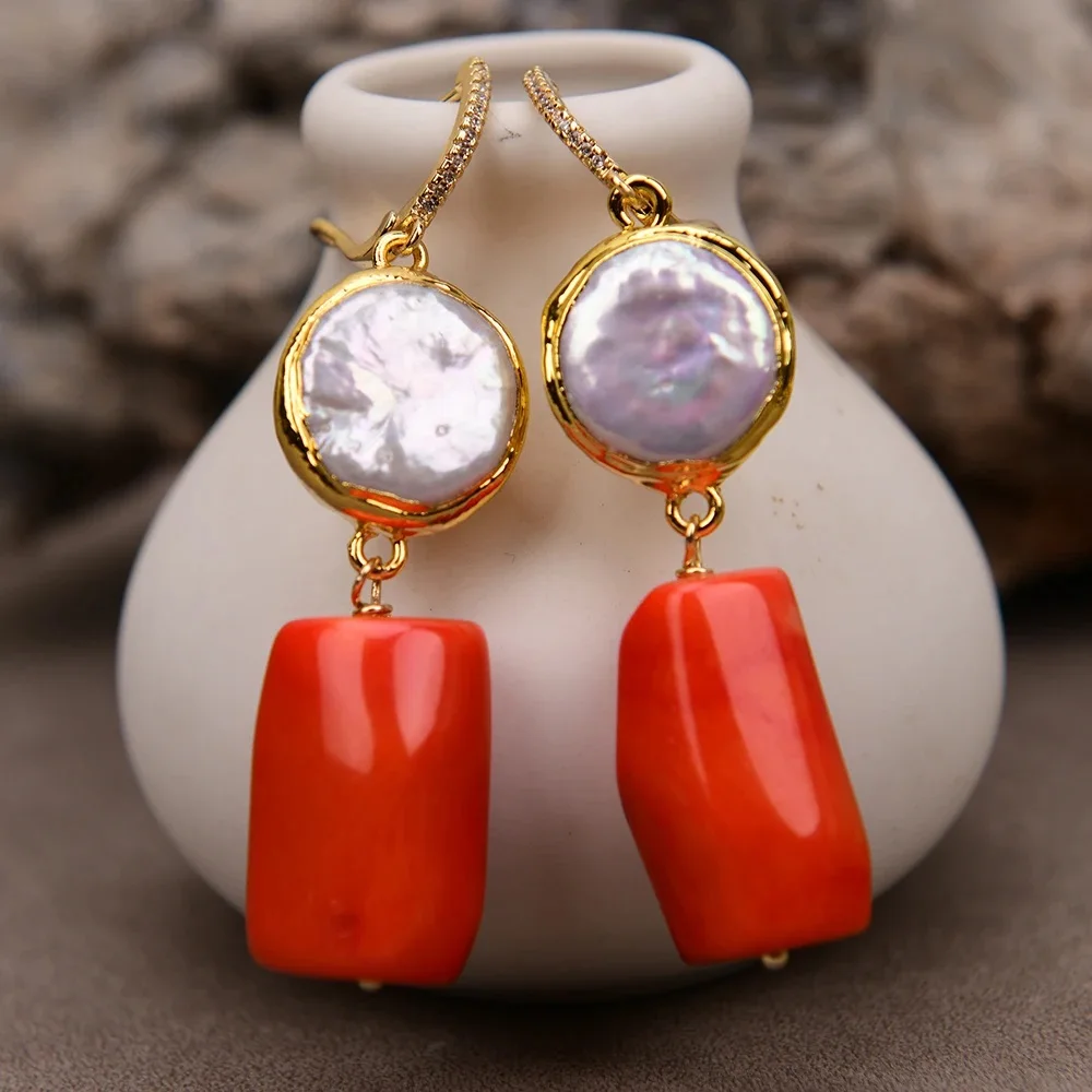 Natural Orange Coral Gold Plated Cultured White Coin Pearl Dangle Earrings CZ zircon Hook Handmade Party Jewelry Gifts