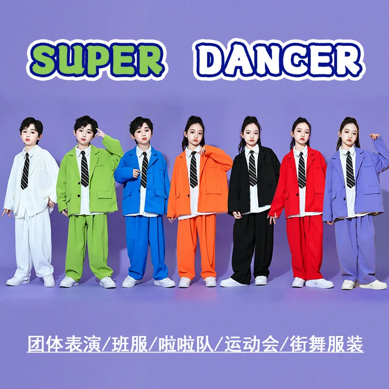 Boys Girls Hip Hop Dance Costume Kids Blazer Pants Set Streetwear Outfit for Stage Performance Competition Jazz Dance Photoshoot