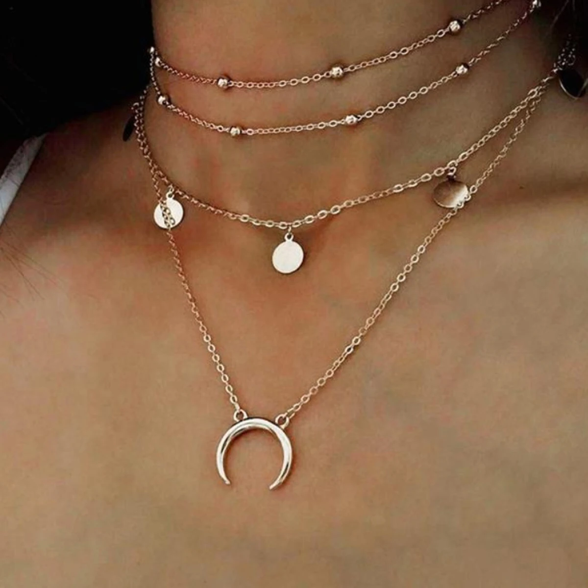 

Necklace Moon Pendant Silver Stacked Necklaces for Women Wafer Jewelry Choker Miss
