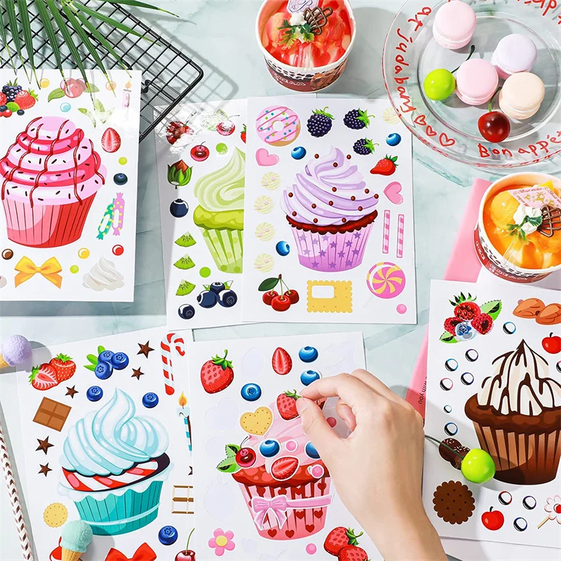 Crea un cupcake fogli adesivi per bambini Dolce Crea il tuo cupcake Adesivi puzzle fai da te Regali di compleanno per bambini Decalcomanie per feste