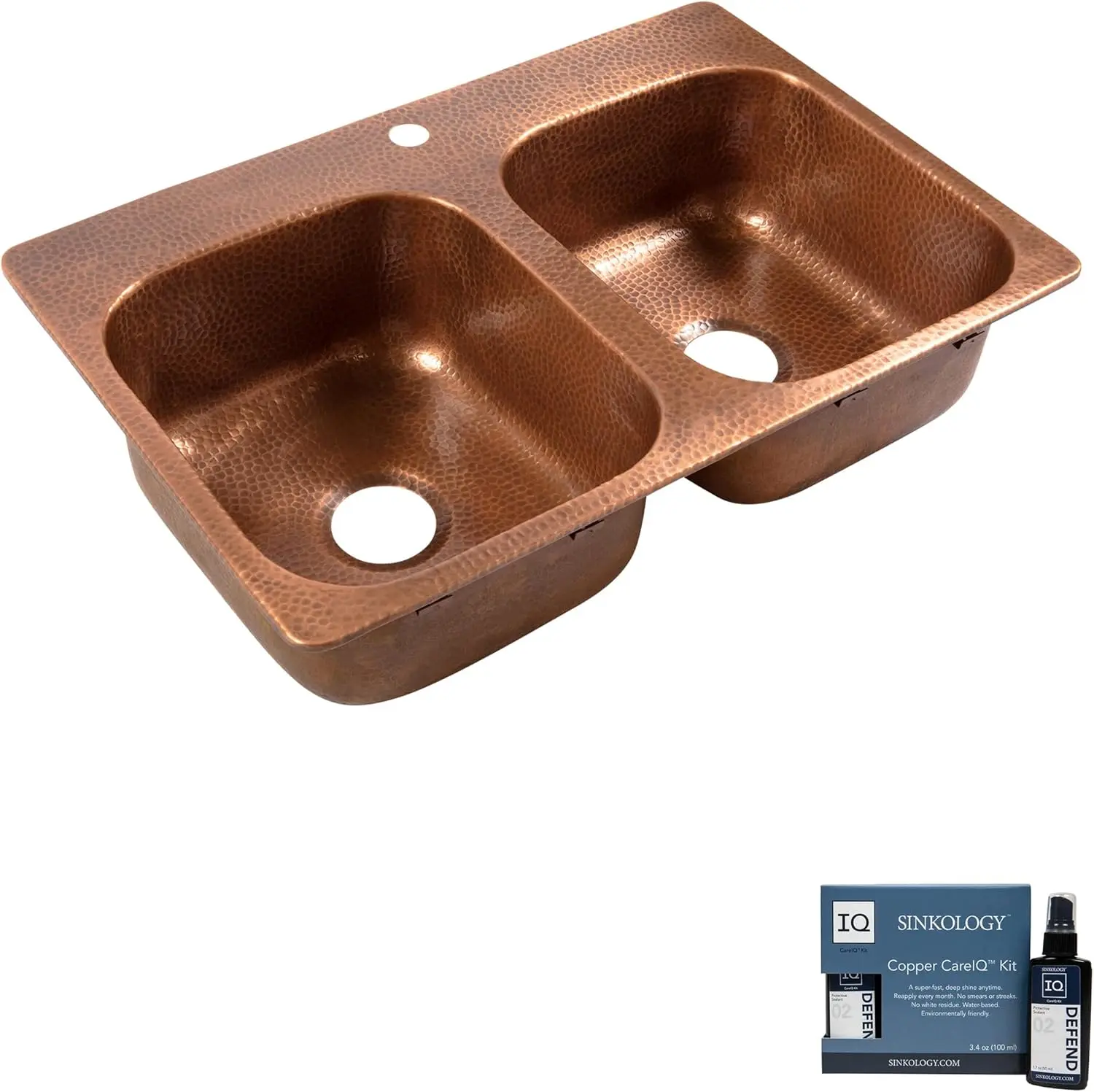 

Angelico Copper 33"" Double Bowl Drop-In Kitchen Sink With 1 Hole And Care Kit