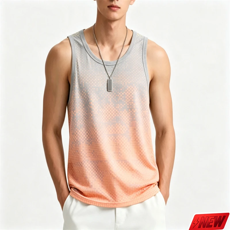 Men's Gradient 3d Print Tank Top Summer Handsome Fresh Daily Casual Sleeveless Top Streetwear Gym Workout Newest Round Neck Vest