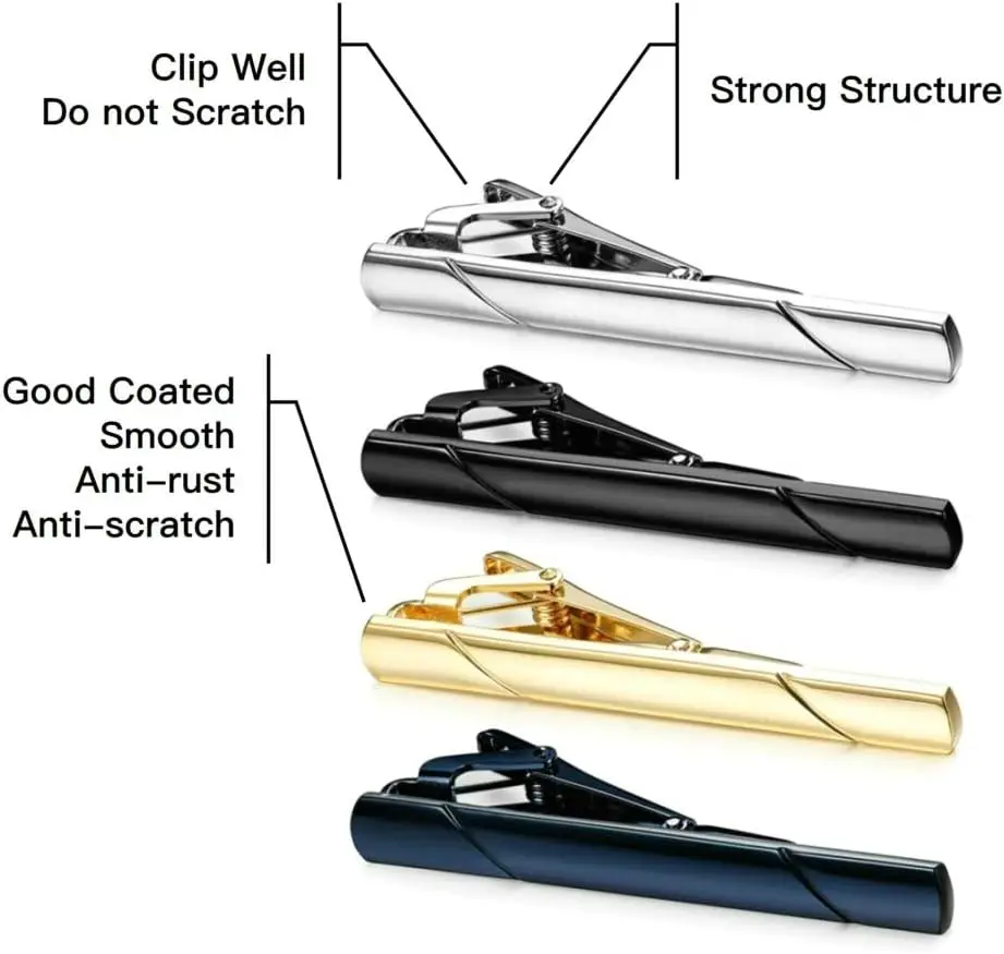 4pcs Tie Clips for Men, Black Gold Blue Silver Tie Bar Set for Regular Ties, Ideal Gift for Father, Husband, Boyfriend, Business