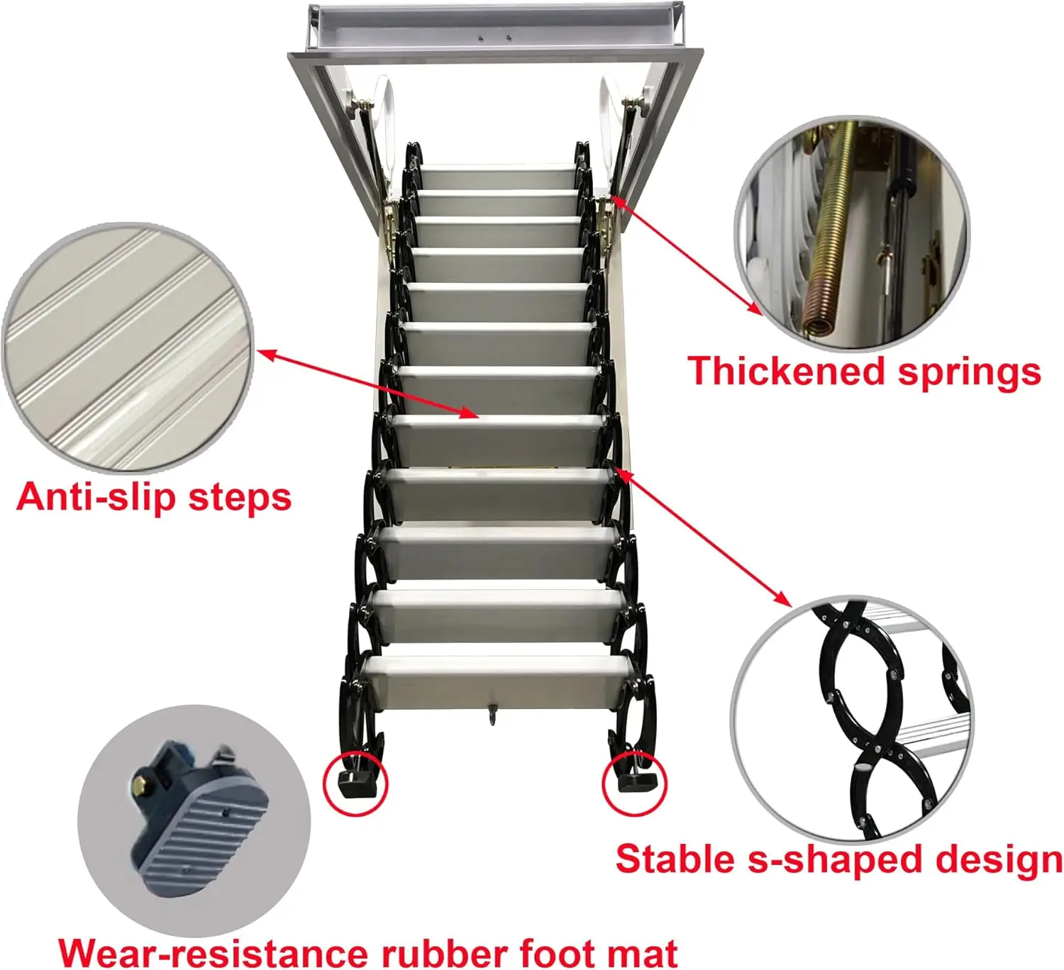 تلسكوبي سلم قابل للطي مخفي درابزين أسود خطوة بيضاء الألومنيوم المغنيسيوم تركيب السقف 70*90 سنتيمتر
