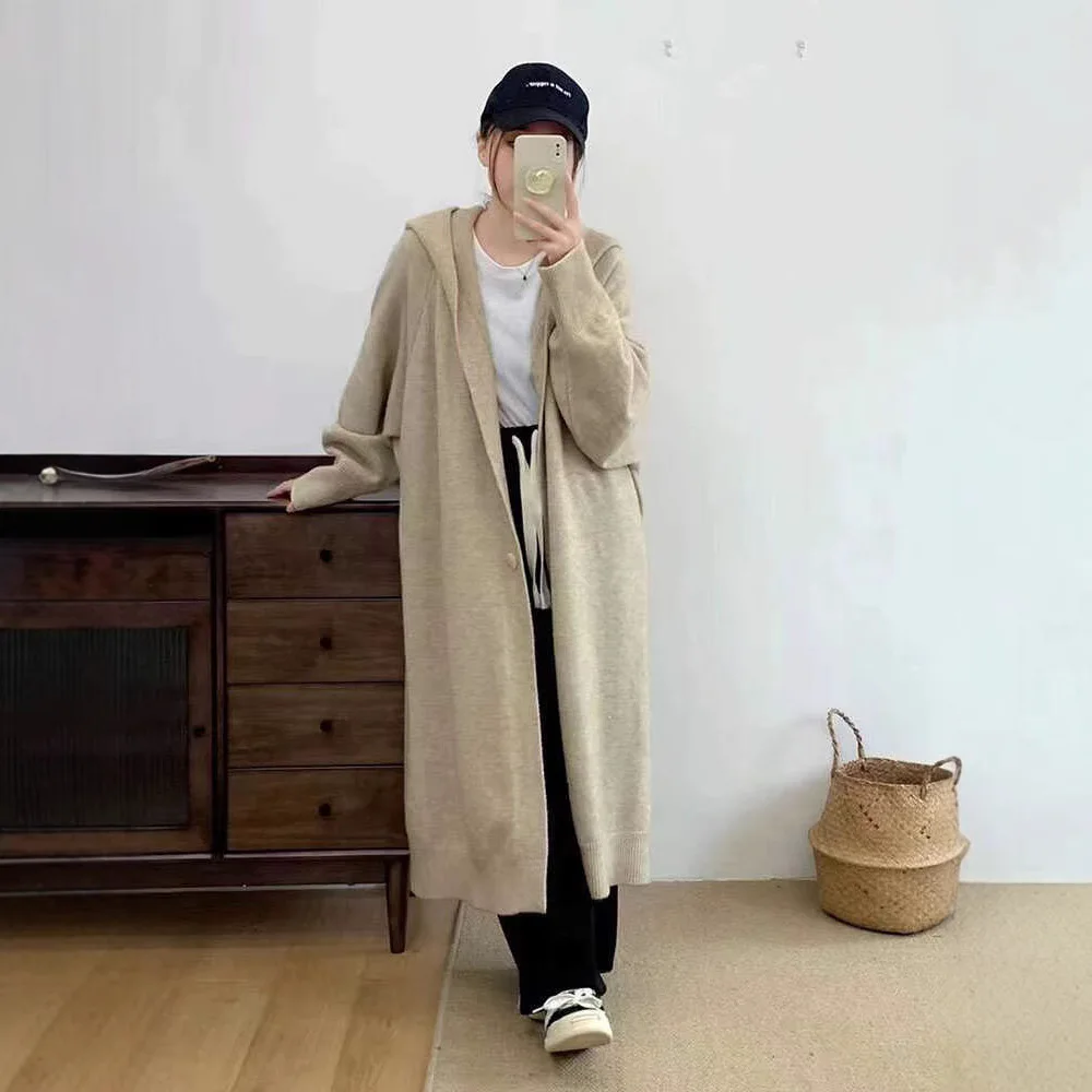 Women's Autumn Winter Hooded Long Knitted Cardigan Simple Solid Color French Style Lazy Casual Coat for Ladies