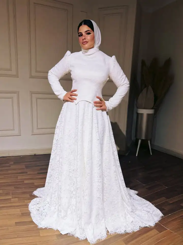 Customized Elegant Muslim Wedding Dress 2026 White Lace Hijab Bridal Gown 2 Pieces Wedding Occasion Formal Outfit