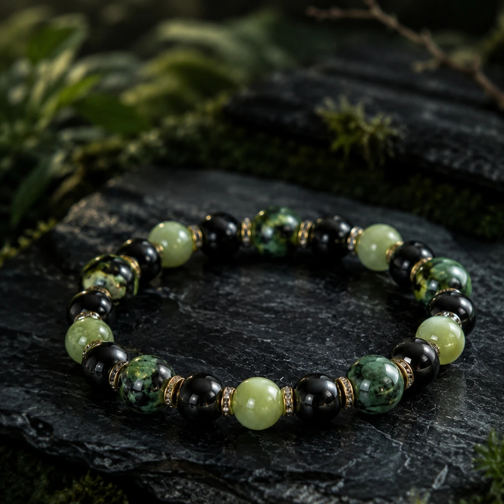 

Natural Green Dragon Vein Stone Bracelet for Men Women, Serpentine Black Agate Beaded Gift