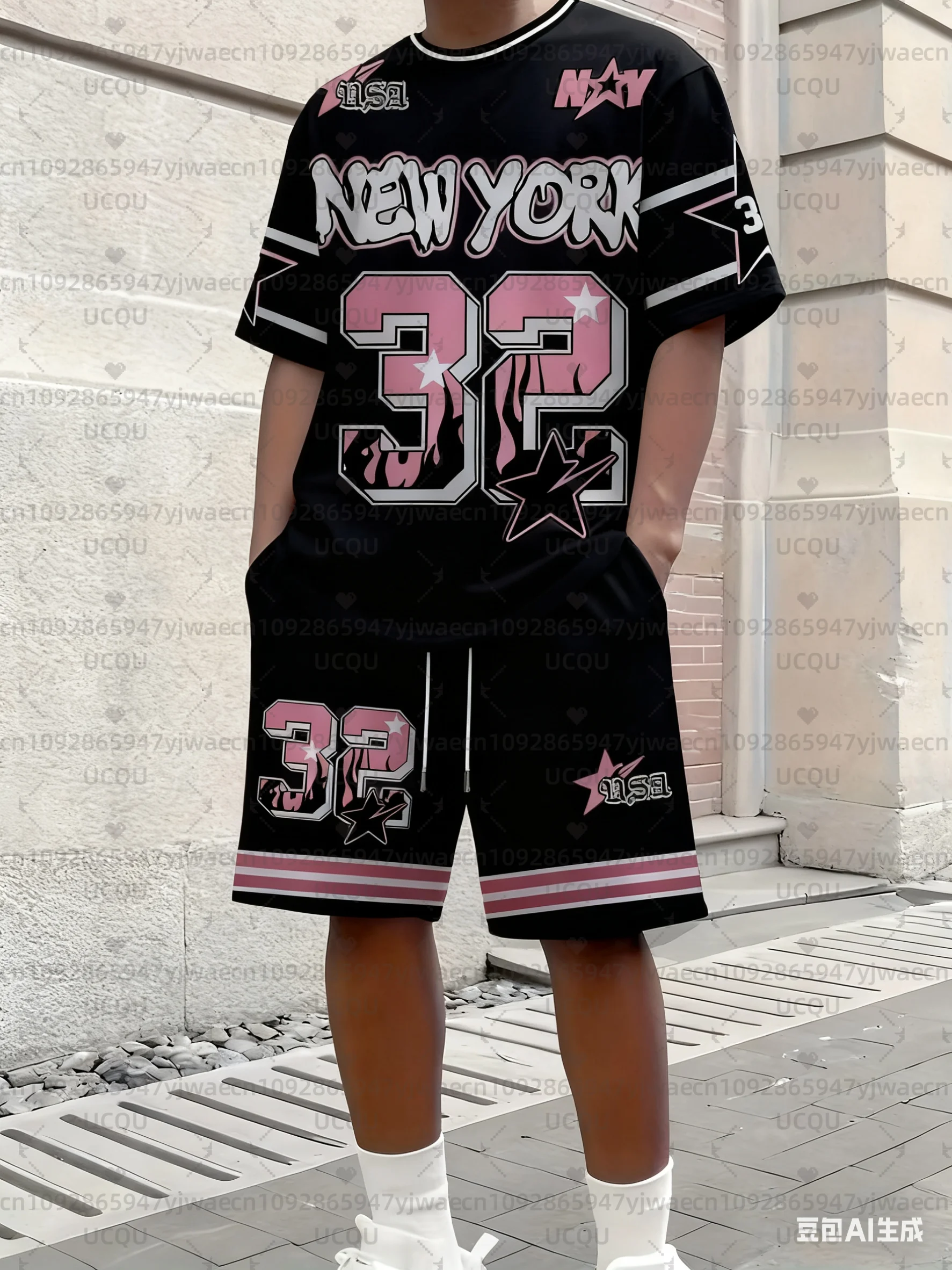 

Summer Men's New York NO.32 Casual Short Sleeve T-Shirt And Shorts 2 Pieces Set Sport Women's T-shirt + Shorts Set