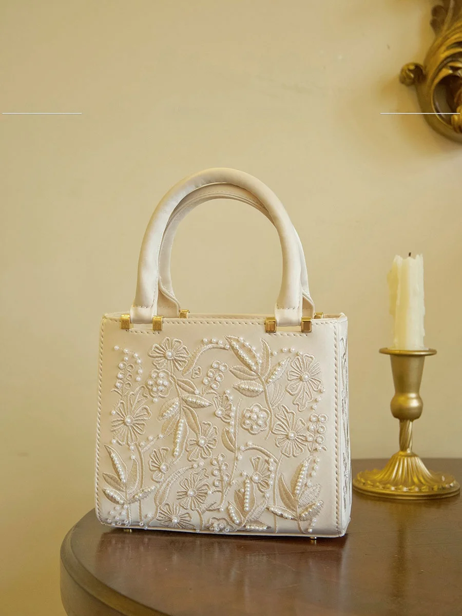 

UGALS Retro Floral Embroidery Pearl Bucket Handbag Square Crossbody Bag Fashionable Versatile Chinese National Style Women's Bag