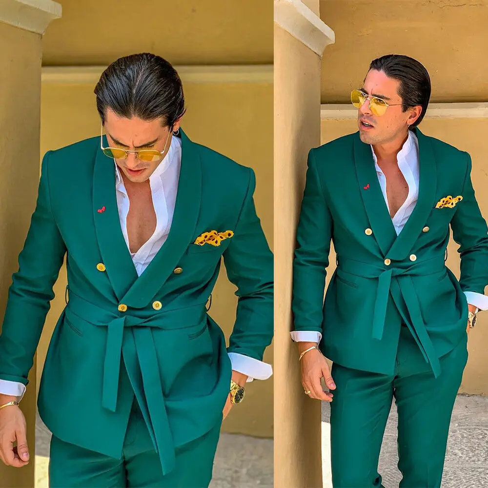 Conjunto de esmoquin de doble botonadura para Hombre, Traje verde ajustado, chal con solapa, Formal, para boda, Americana, 2 piezas