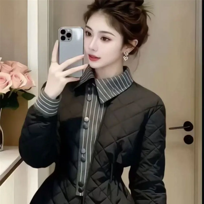 Fashionable Black Diamond Patterned Cotton Jacket Winter Coat New Waist Cinching Slimming Temperament Fake Two-piece Coat Tops