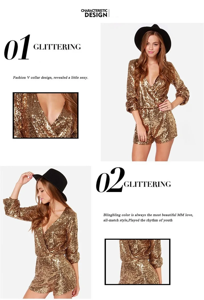 Women Jumpsuit Female Shiny Sequins Business Work Wear Jacket Short Pants Sexy V Neck Casual Coat