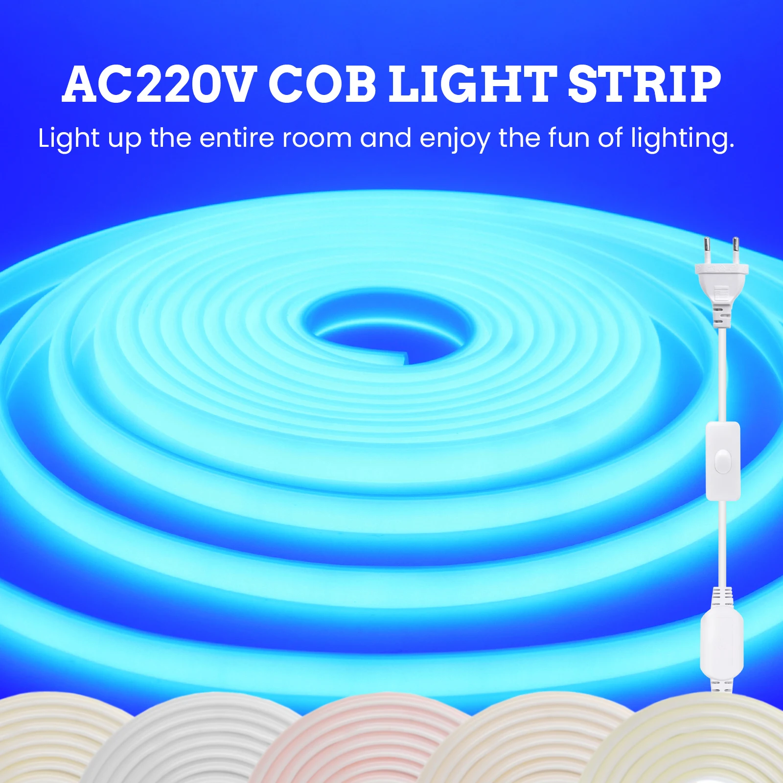 10 Colors 220V COB LED Strip 288LEDs/M 5/10/15/20m Neon Lights with EU UK Switch Plug Waterproof Outdoor Lights Red Blue White