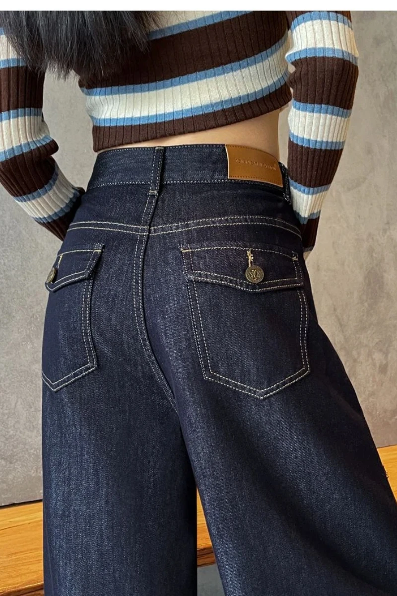 Damskie ocieplane jeansy Y2K z polarową podszewką, luźne spodnie z szerokimi nogawkami, modne, wygodne, elastyczne, niebieski denim na zimę.