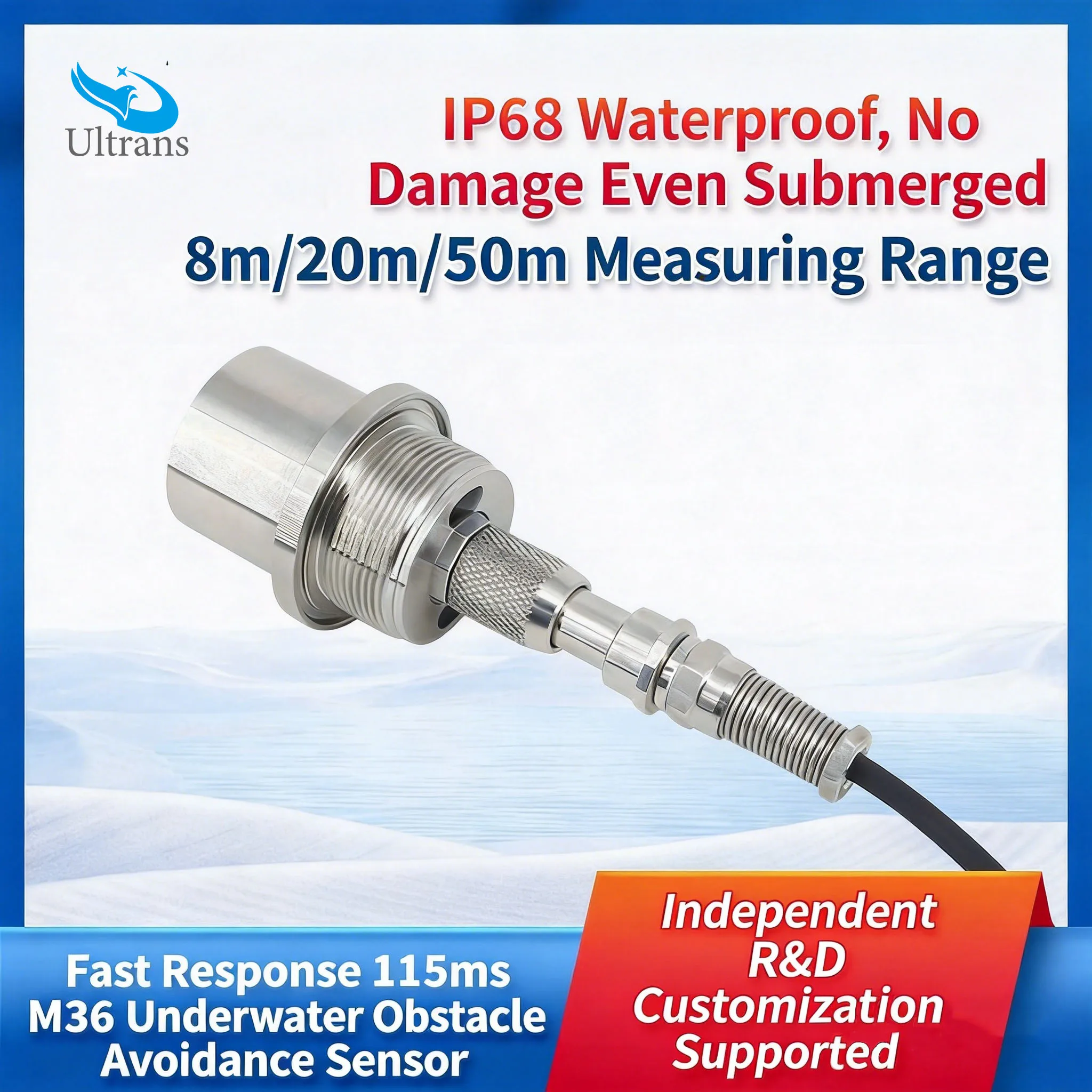 M36 Underwater Obstacle Avoidance Stainless Steel Housing Ultrasonic Sensor for Distance Measurement in Liquids With Aviation
