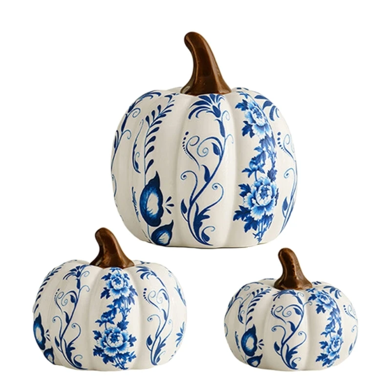 Blau-weißes Herbst-Kürbis-Dekorationsstück für Schreibtisch, und Foyer, 3 x – Detail 1